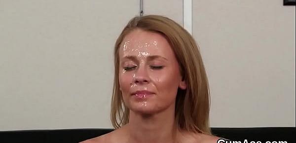  Naughty bombshell gets cumshot on her face sucking all the juice